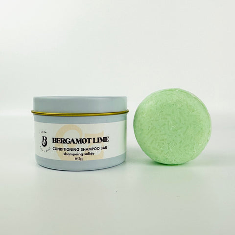 Bergamot Lime solid shampoo bar with storage tin